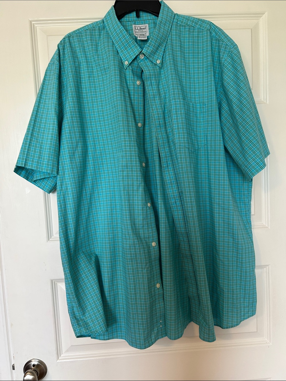 L.L. Bean Teal Plaid Short-Sleeve Button-Down Shirt